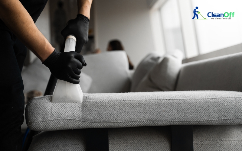 Sofa cleaning in progress with upholstery extractor
