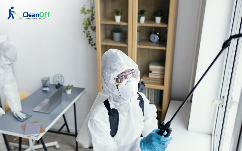 Technician in PPE spraying mould treatment indoors