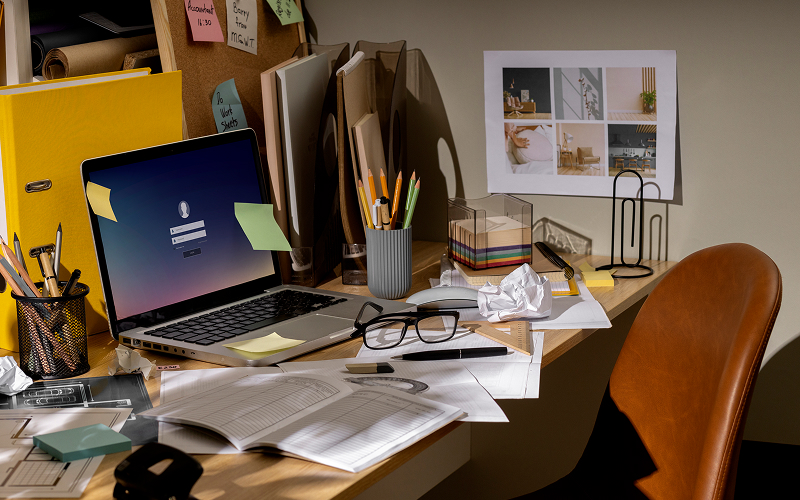 Cluttered office desk with papers, laptop, and sticky notes.